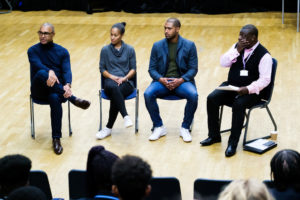 Glen Johnson, Rachel Yankey and Paul Elliot with moderator Gareth Crooks take part in a panel session and Q&A with students from Year 10 Conclusion of Black History Month 2019, Capital City Academy, London, UK - 31 Oct 2019 Photo: Joanne Davidson for The FA